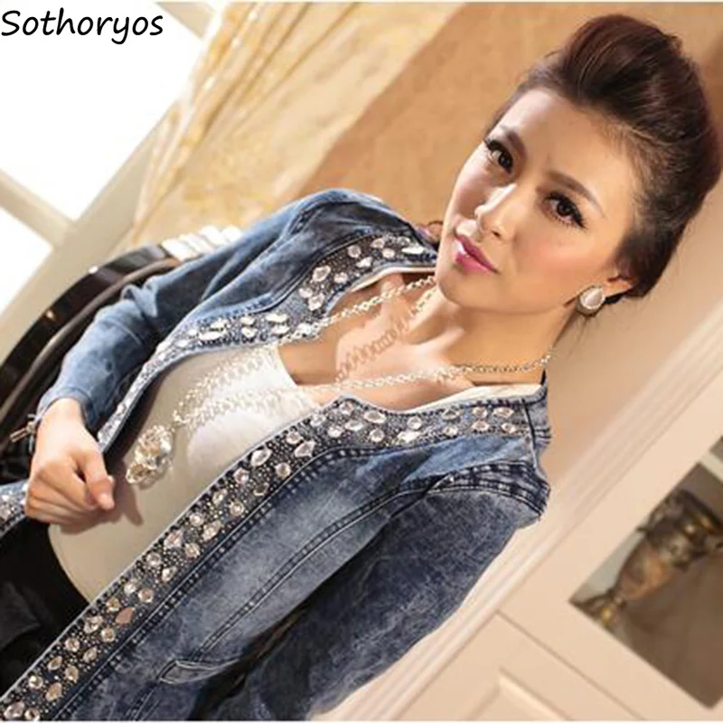 

Jackets Women 2019 New Retro All-match Classic Short Style Denim Womens Coats Korean Style Diamonds Spliced Females Jacket Chic