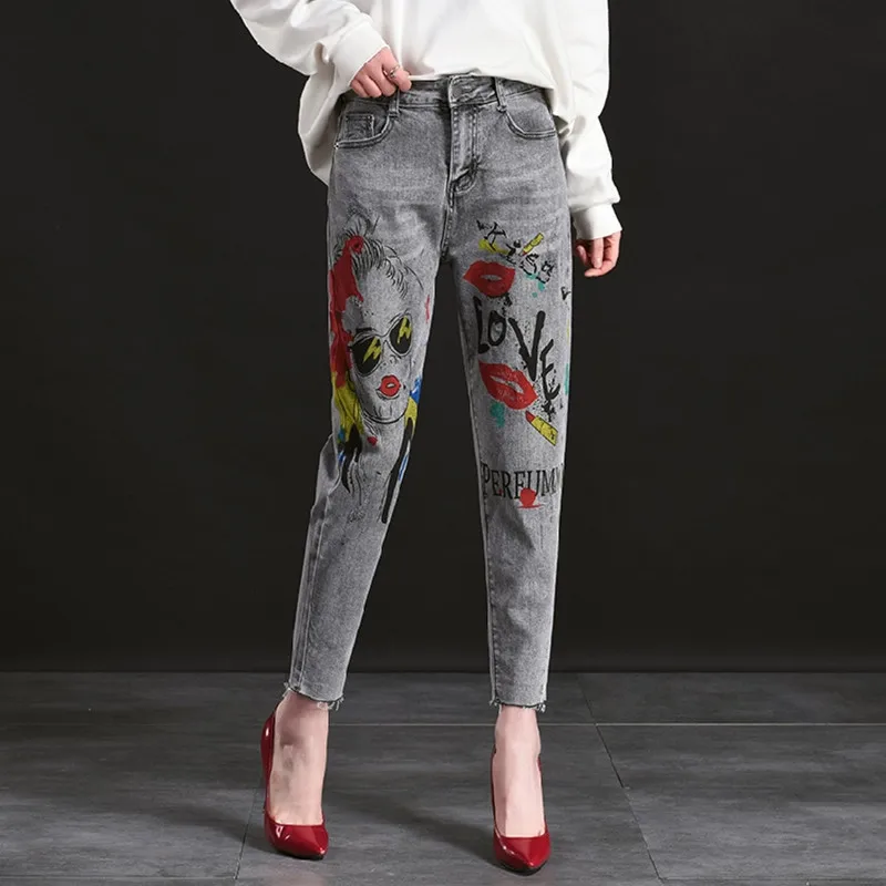 

Jeans Pancil Pants Slim Denim Jeans Stretch Floral Pattern 2019 Female Leisure Flowers Printed Jeans Denim Trousers