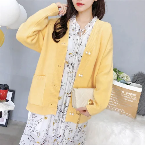 

5 Colors 2019 Womens Winter Sweaters Knitted Overcoat V-neck Pockets Single Breasted Casual Women Sweater Fashion Red Yellow