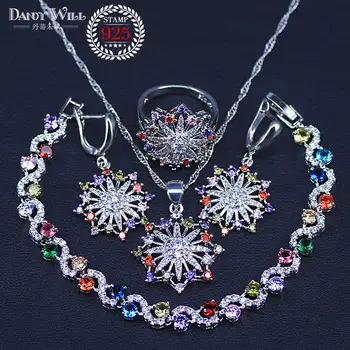 

Fashion Jewelry Set 4 Pcs Big Flower Multi Color Elegant Women Prom Party silver color Cubic Zirconia Necklace Bracelets