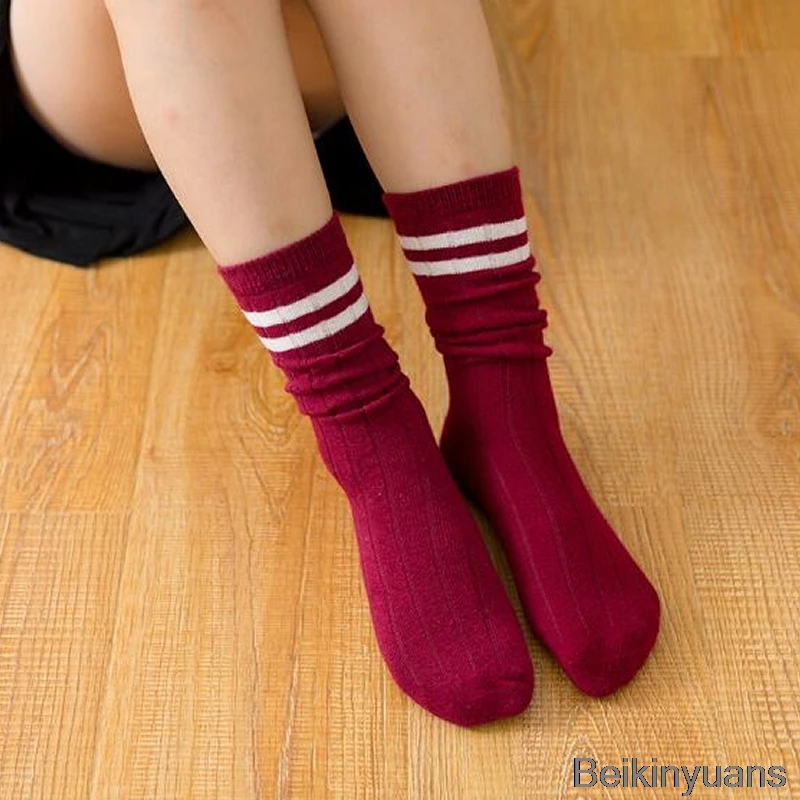 Детские гольфы высокие носки для девочек, полосатые хлопковые спортивные белые носки для старшей школы детские теплые гольфы для катания на коньках - Цвет: Wine red
