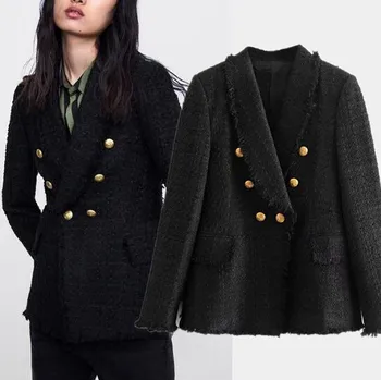 

2019 Winter Women Black Tweed Blazer Coat Golden Buttons Decor Slim OL Style Jackets with Pockets