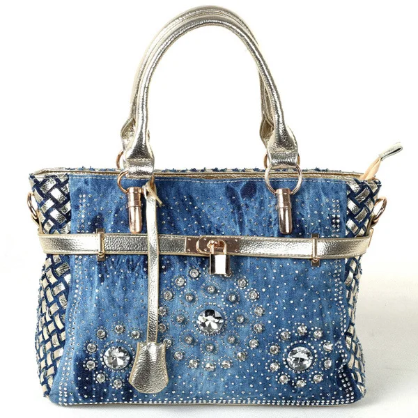 IPinee Лето модная женская сумка большая оксфордская сумка на плечо Лоскутная джинсовая стильная и украшенная кристаллами синяя сумка - Цвет: Золотой