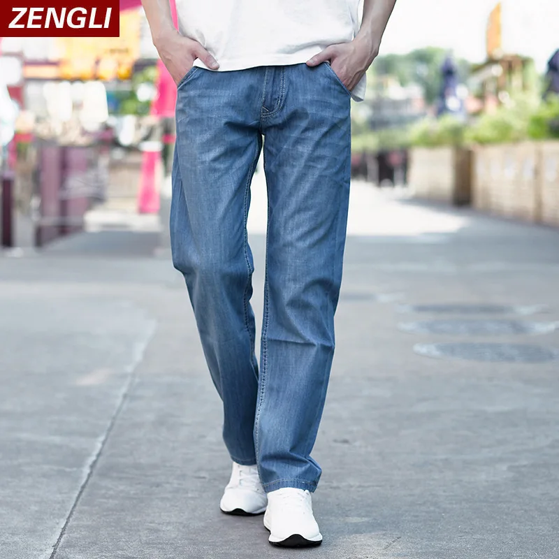 ZENGLI, синие джинсы, мужские Новые прямые повседневные джинсы, мужские свободные эластичные ковбойские джинсовые брюки, мужские джинсы размера плюс 46 48