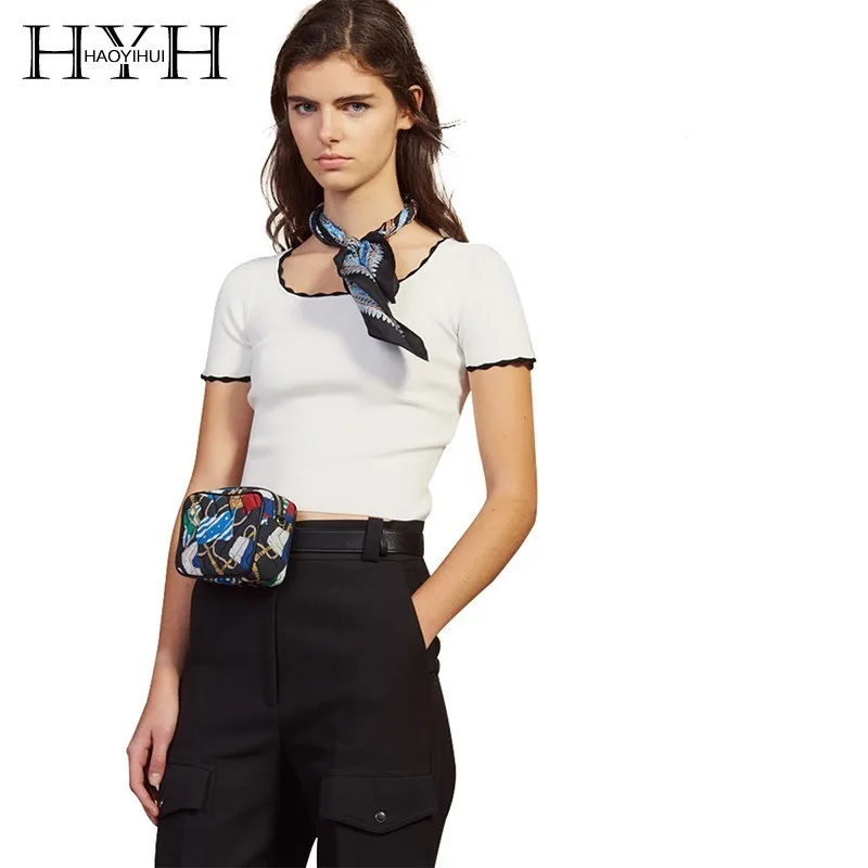 

HYH Haoyihui 2019 Simple Solid White Knitting Contrast Edge Slim Fit Round Neck Short Paragraph Knitted Sweaters New Arrival