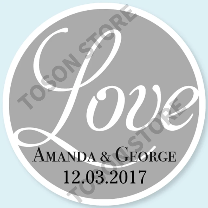 100, Silver laser Customized text logo, Wedding Stickers, Invitations Seals, Candy Favors Gift Boxes Labels, On White Adhesive