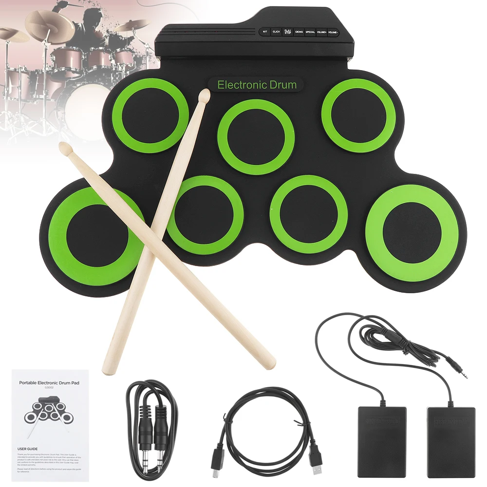 

Portable Electronic Digital USB 7 Pads Roll up Set Silicone Green Electric Drum Kit with Drumsticks and Sustain Pedal