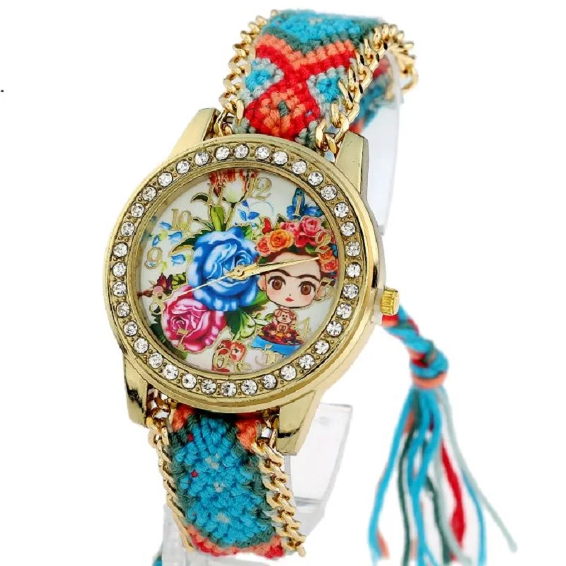

Gnova Platinum Women Watch Flower Girl Ethnic Collection Fabric Braided Lace Hippie Fashion Wrist Watch