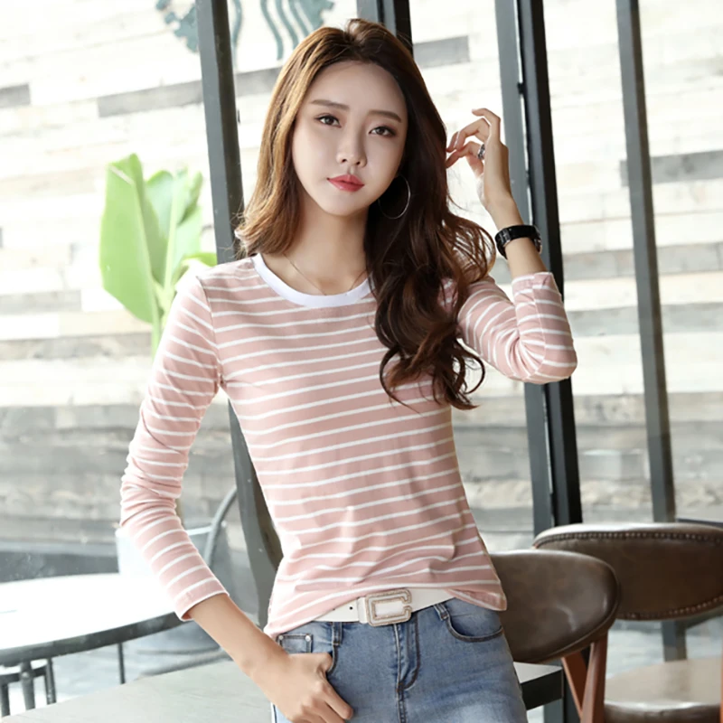 Shintimes المحملة قميص فام 2019 القطن شريط فوج T قميص المرأة طويلة الأكمام قمم الأزياء الكورية إمرأة بلايز عارضة كبيرة حجم