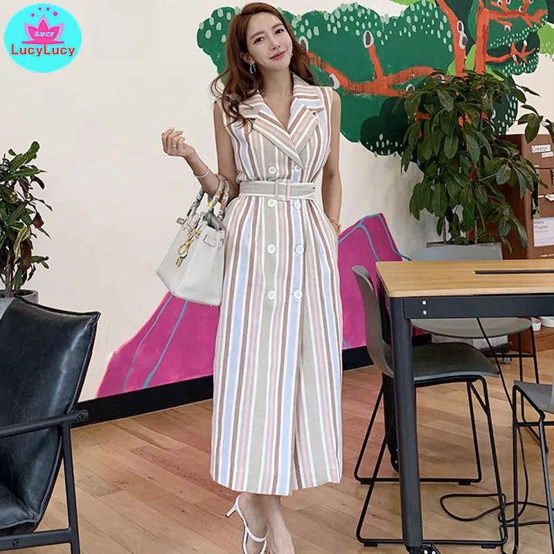 

2019 summer new ladies double-breasted striped waist dress Sleeveless Zippers Ankle-Length Notched Tank Office Lady