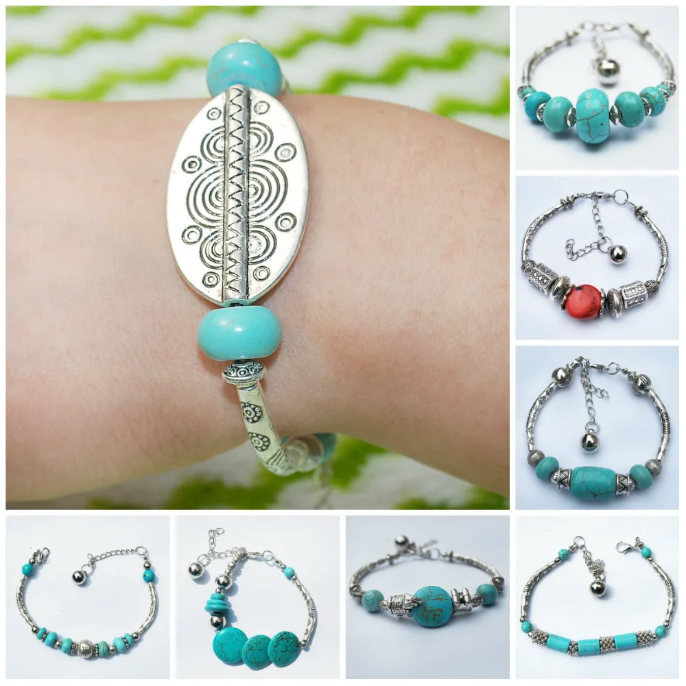 

Hot Fashion Vintage Style Tibetan Silver Color Flowers Beads Green Stone Bracelet Bangle Jewelry for Women Accessories
