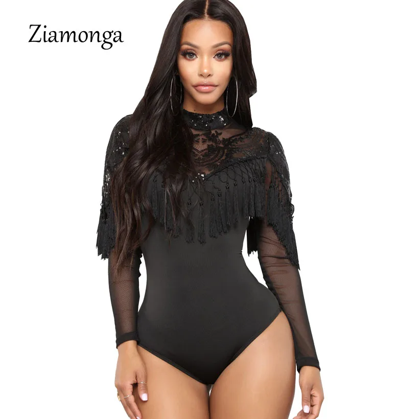 Ziamonga Sexy Lace Embroidery Bodysuit Women Sequined Elegant Fashion High Neck Bodysuits Long Sleeve Tassel Skinny Jumpsuits