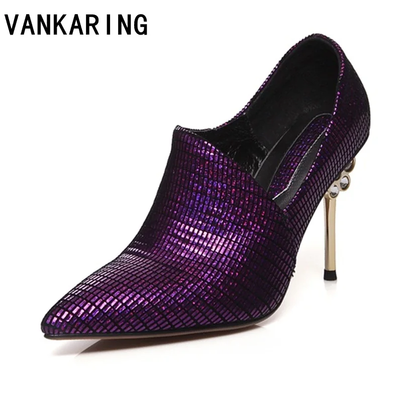 

VANKARING women high heel leather pumps prom party dress purple platform crystal heels ladies bride bridal wedding shoes woman