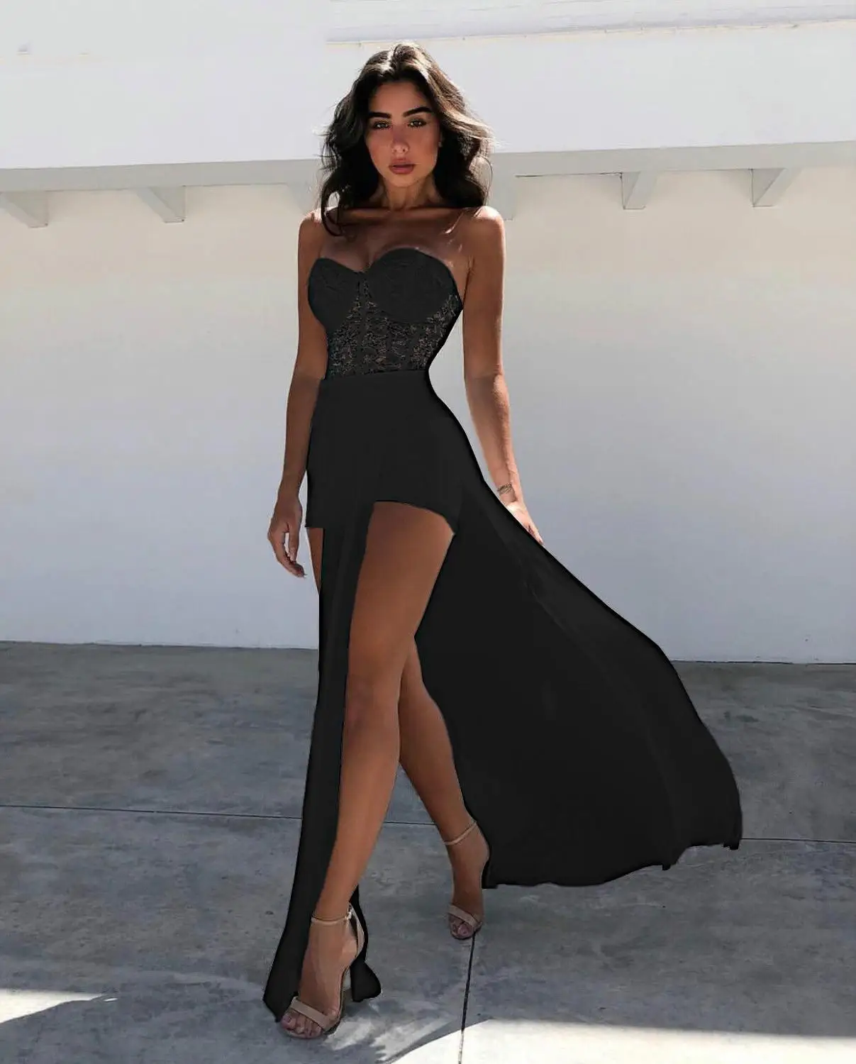 

2019 Europe, spring and summer new black and white word shoulder tube top mesh lace stitching MAXI long sexy fashi Dress + suit