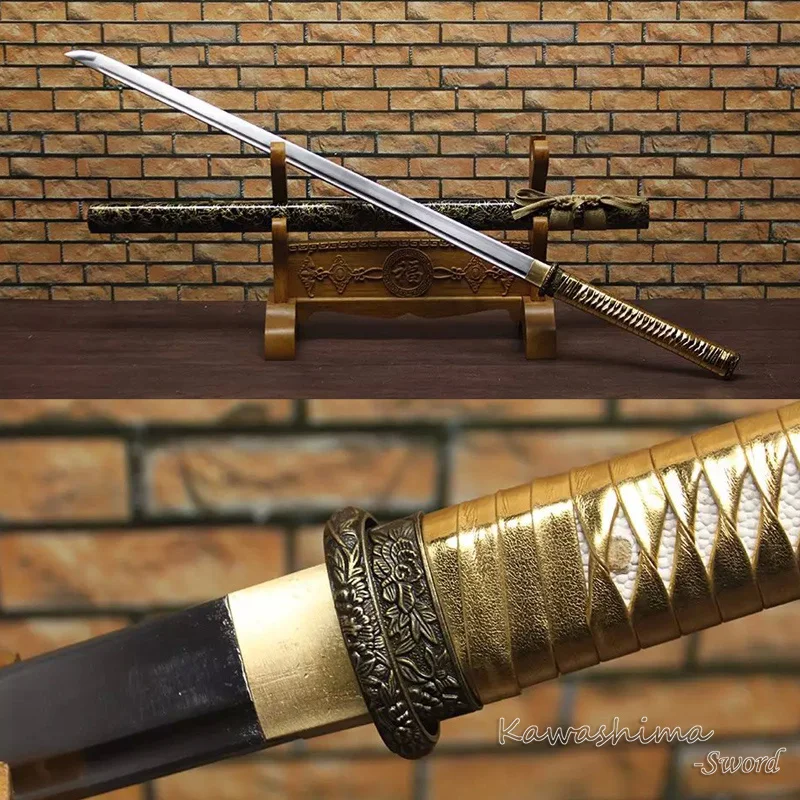 

Real Steel Straight Blade Ninja Sword Full Tang Sharp Ready for Cutting Scabbard Painting Black and Gold-Japanese Katana