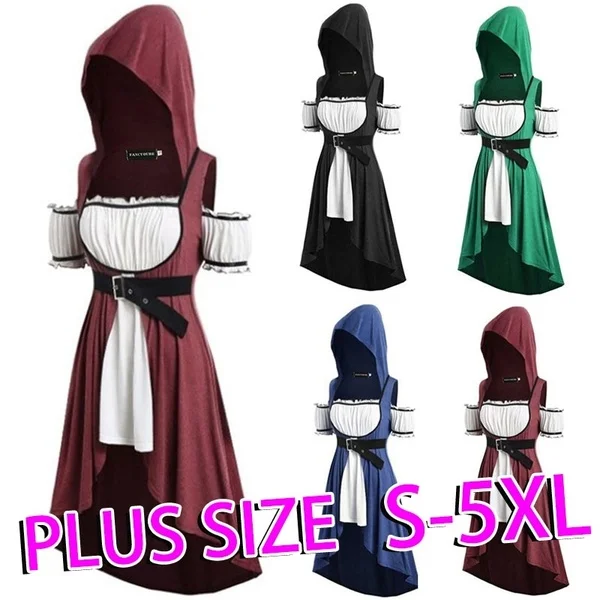 New Arrival Women Fashion Medieval Renaissance Dress Halloween Cosplay Costume Vintage Dress Short Sleeve Slim Waist Dress Hooded Fake Two Piece Dress With Belt (1)