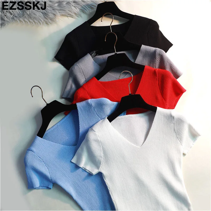 

2019 Summer v-neck knit T Shirt Women Short Sleeves Tee Shirt High Elasticity Female short T shirt solid slim girl Top