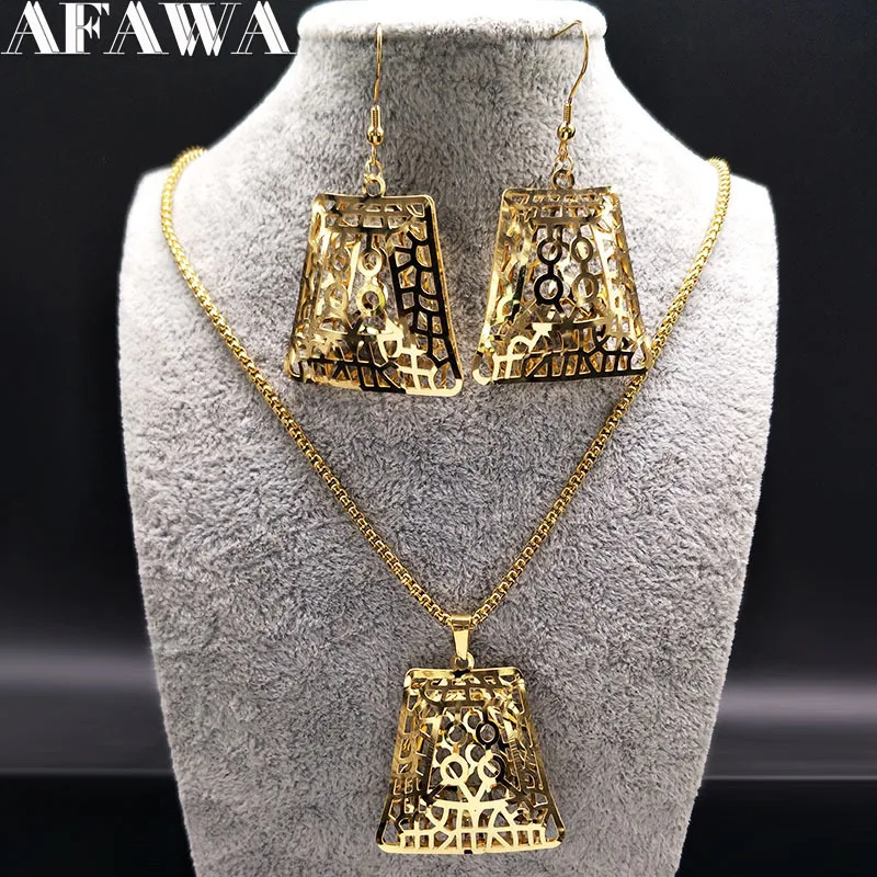 

Hollow Geometry Stainless Steel Gold Color Women Big Necklace Earrings Dubai Jewelry Sets bijoux acier inoxydable femme S178318