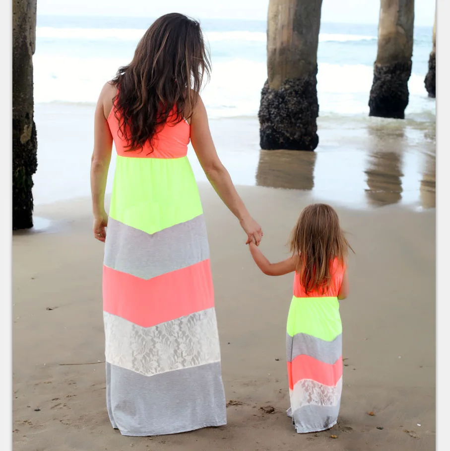 Springsummer 2018 in Europe and the bump color fluorescent color lace stitching couture dress parent-child outfit Springsummer 2018 in Europe and the bump color fluorescent color lace stitching couture dress parent-child outfit