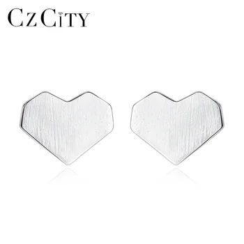 

CZCITY Genuine Sterling Silver 925 Stud Earrings for Women Minimalist Heart Design Brushed Earrings Valentine's Day Gifts Bijoux