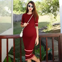 Одежда для беременных 2017 Весна Лето Мода Половина рукава беременных женщин платье тонкие трикотажные полосы длинный отрезок материнства