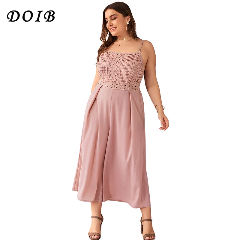 

DOIB Plus Size Playsuit Spaghetti Strap Sling Lace Patchwork Pink Wide Leg Jumpsuit XL 2XL 3XL 4XL