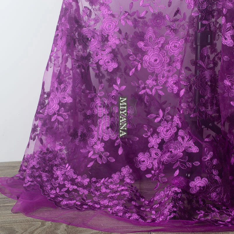 

quality 1yard African tulle Lace Fabric purple Diy mesh Lace Embroidery flower Clothes Wedding party evening Dress Accessories