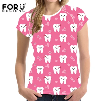 

FORUDESIGNS Pink Cute Dentist Printing O Neck Short Sleeve T Shirt Female Casual Summer Tee Shirt for Girls Ladies Tops Shirts