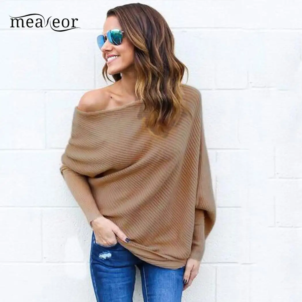 

Meaneor One Shoulder Women Sweaters Batwing Sleeve Baggy Ladies Women Pullover Tops Autumn Spring Knitted Sweater Solid Pullover