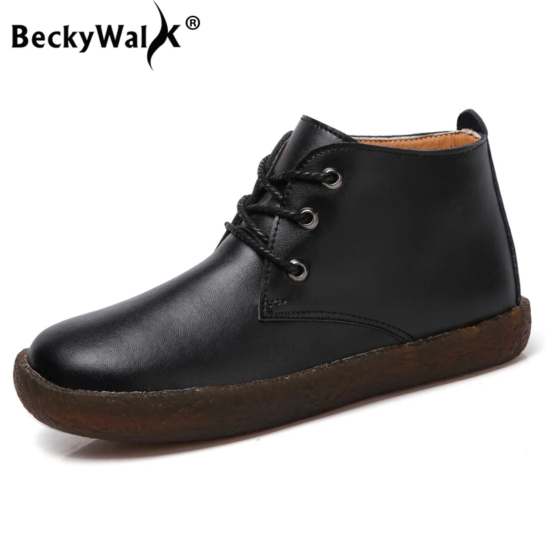 

BeckyWalk Autumn Lace-Up Genuine Leather Shoes Women Winter Plush Ankle Boots Flat Heel Warm Shoes Woman Botas Mujer WSH2865