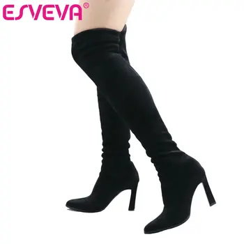 

ESVEVA 2020 Over The Knee Boots Square High Heel Women Boots Sexy Ladies Slip On Stretch Fabric Fashion Boots Shoes Size 34-43