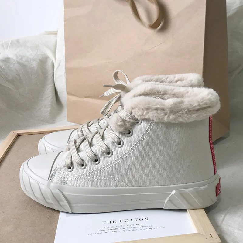 

Women Winter Shoes Fur Lined Lace Up Female Vulcanized Shoe Lady Warm Booties Ankle High Canvas Shoes Solid Color 2018 New 35-39