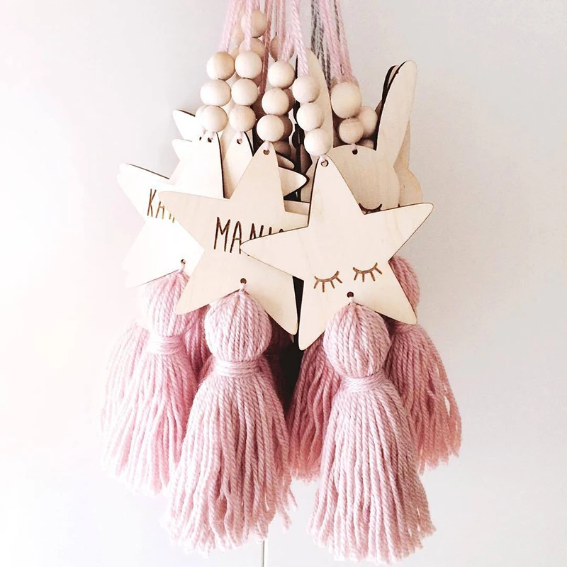 

Home craft ornament wood bead string with pompom Tent hanging pendant Curtains hanging Children room decoration S22