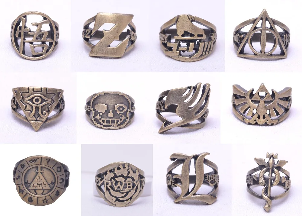 

Lot of anime Undertale Sans head Logo RWBY ZELDA Gravity Falls Yu Gi Oh Ring Brozen Cosplay Finger rings Handmade 18mm Gifts