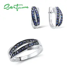 SANTUZZA набор украшений для женщин Синий Nano кубический цирконий камни комплект ювелирных изделий серьги кольцо Набор 925 пробы серебряный комплект ювелирных изделий