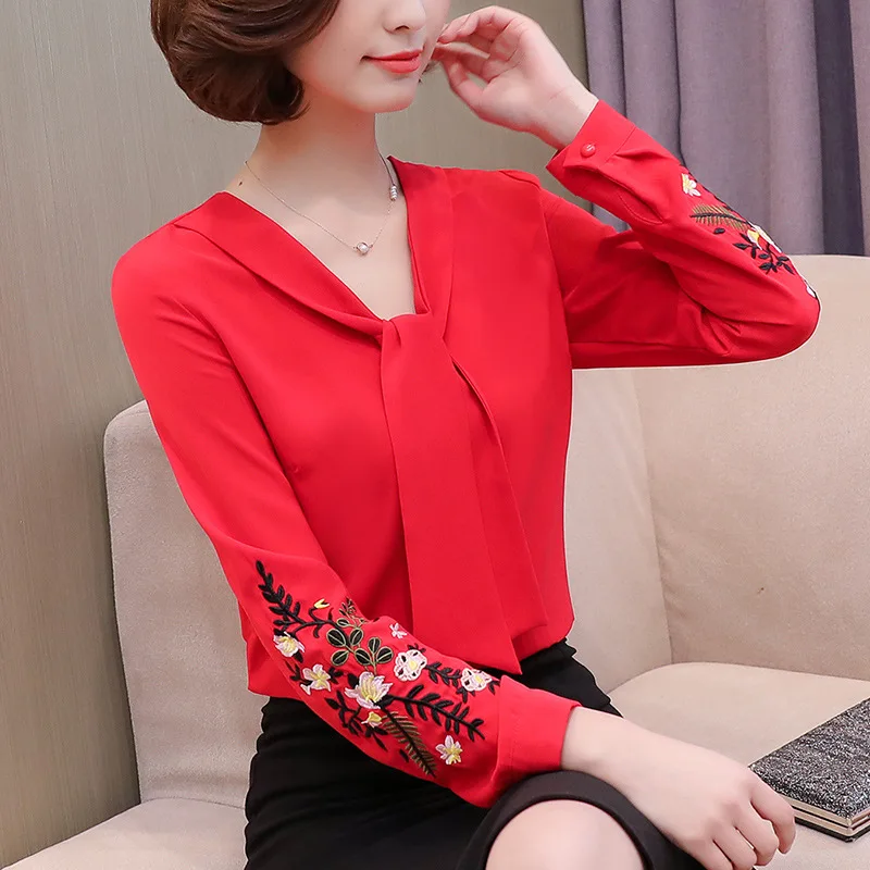 Retro Embroidered Chiffon Blouse Women Long Sleeves V-neck Loose Thin Shirt Spring Autumn Office Ladies Plus Size Tops H9050 4