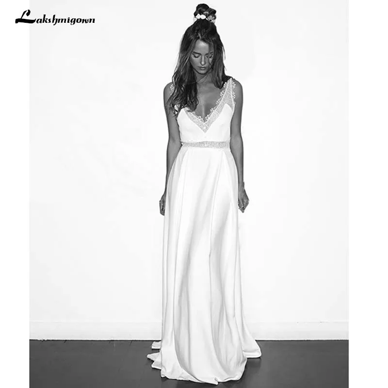 

V neck Beach Wedding Dress 2019 Wedding Gowns Women Bohemian Soft Satin Beach Bridal Party Dresses