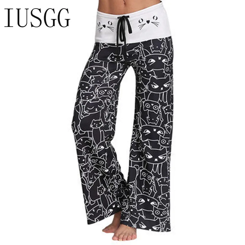 

Women Loose Floral Cat Printed 2019 Wide Leg Pants Loose Mid Waist Drawstring Spliced Trousers Long Female Fashion Streetwear