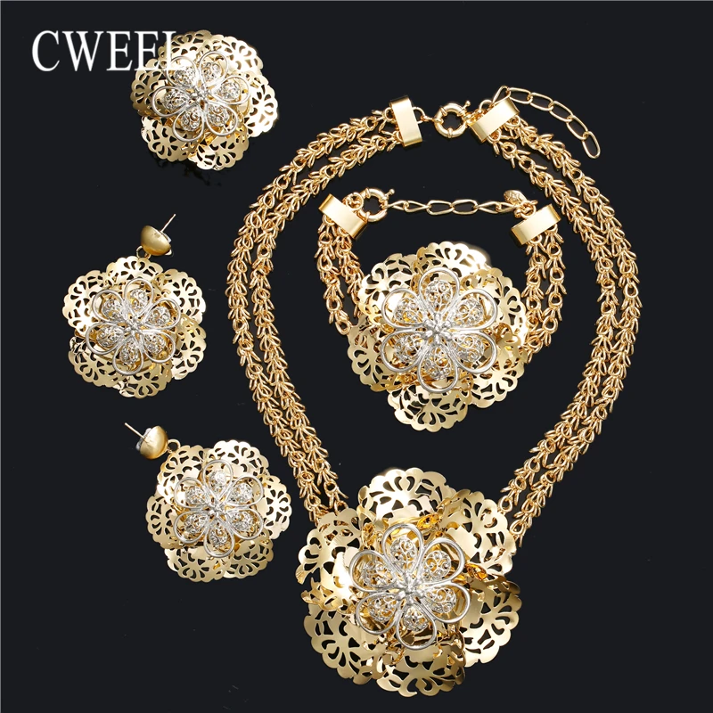Women Jewelry Sets Wedding Fashion Flower SilverGold Color African Beads Vintage Party Statement Big Necklace Accessories (1)
