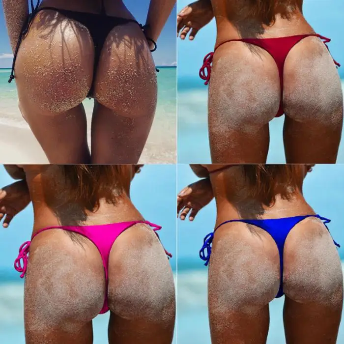 Сексуальные женские бразильские бикини с низкой талией, шорты с завязками по бокам, одноцветные купальники на бретелях, летние пляжные трусы 19ing