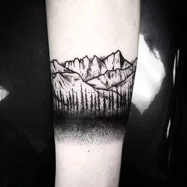 Imperméable Faux Tatouage Temporaire Autocollants Cool Noir Montagne Forêt Dotwork Conception Corps Art Make Up Outils