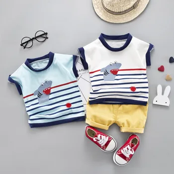 

2pcs/set Children Suit Striped Print Baby Set Shark Short Sleeve Cotton Shirt Tops O-neck Blouse T-shirt+Shorts Set Outfits Sets