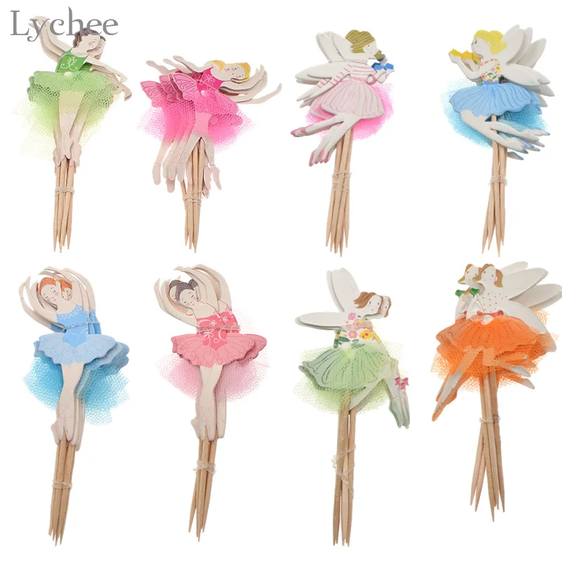 

Lychee 24pcs Ballerina Fairy Cupcake Topper Picks Lace Dancing Girl Cake Insert Card Birthday Party Decorations