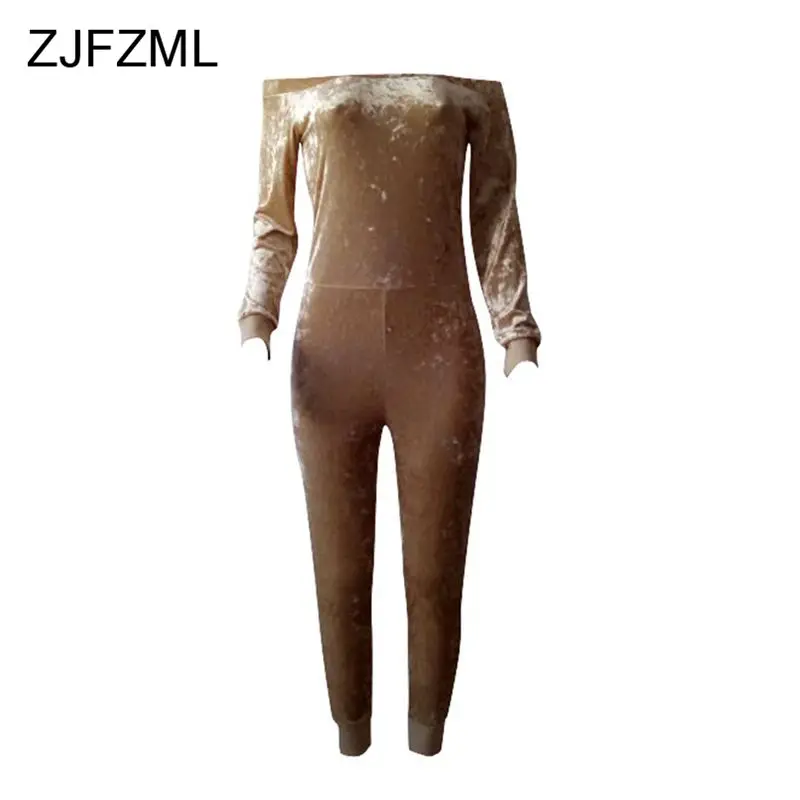 ZJFZML Good Quality Off Shoulder Velvet Jumpsuit Women Sexy Slash Neck Full Sleeve Bodycon Overalls Winter Thick Rompers 