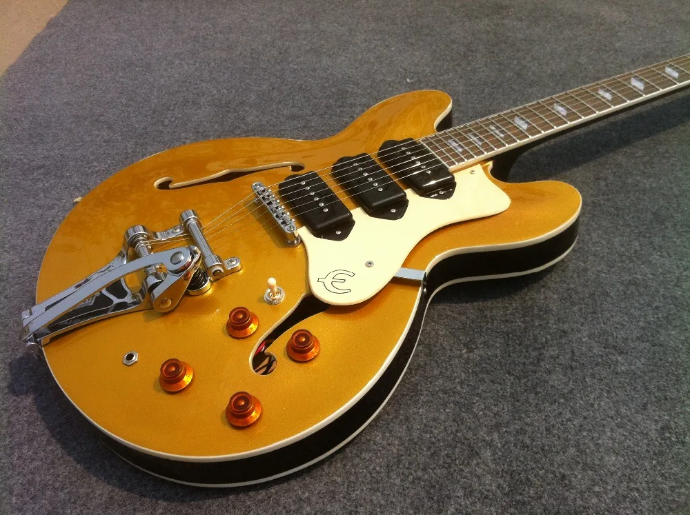 Semi Hollow Body Metallic Gold Sparkle Three P90 Pickups Epipho