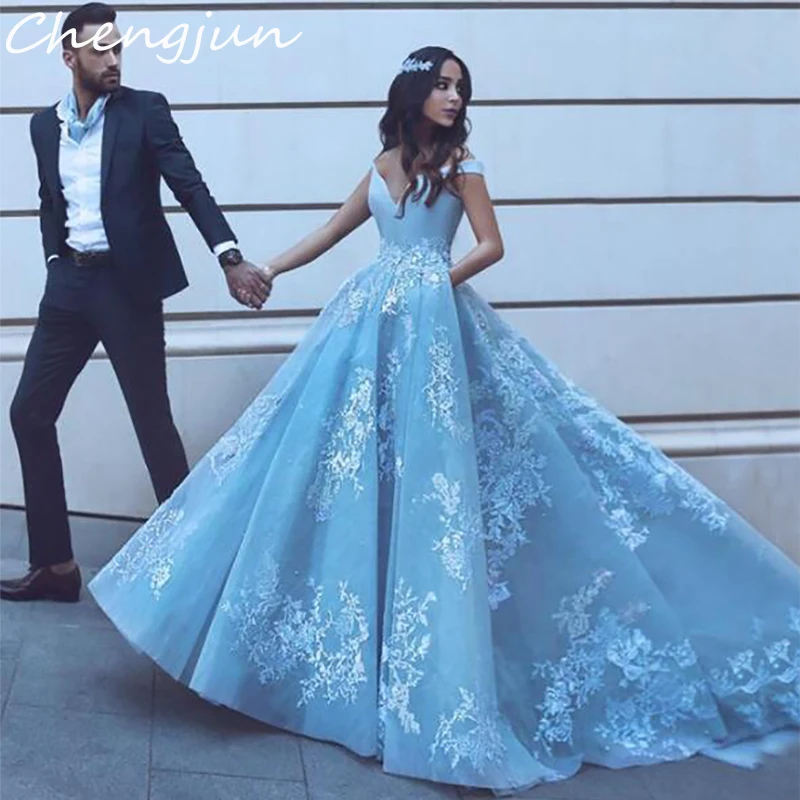 

Chengjun Off Shoulder V-Neck Elegant Vintage Fairy Princess Blue Wedding Dress 2019