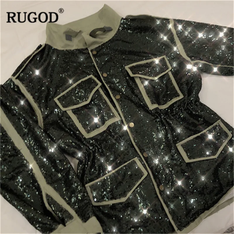 

RUGOD Fashion Sequins women jackets coat Casual turn-down collar Single breasted solid autumn coat with four pockets Overcoat
