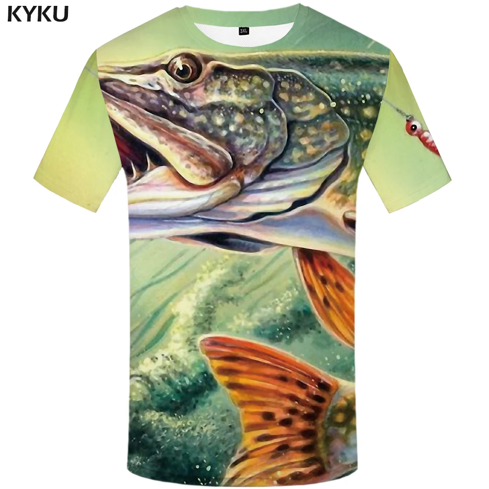 

KYKU Fish T Shirt Men Anime Printed Tshirt Animal Hip Hop Tee Tracksuits Fishinger Art 3d T-shirt Funny Punk Rock Mens Clothing