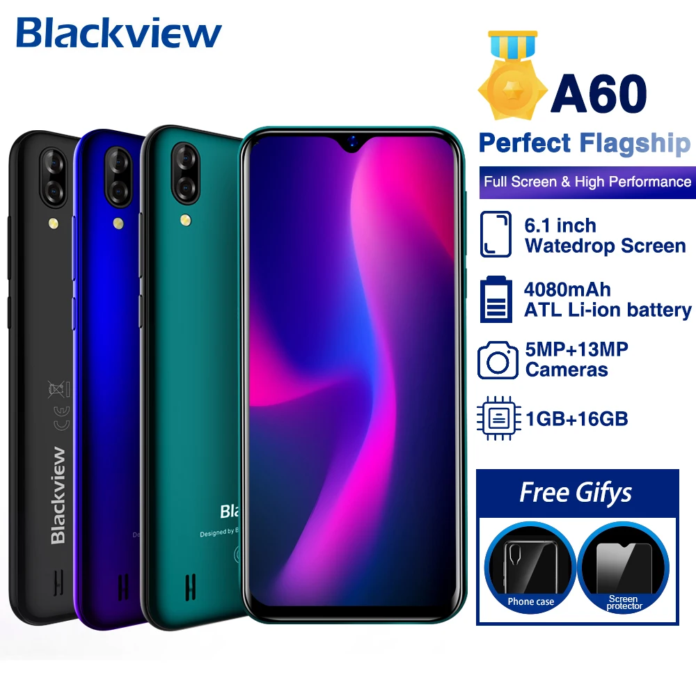 Blackview A60, мобильный телефон, четырехъядерный, Android 8,1, 4080 мАч, смартфон, 1 ГБ ОЗУ, 16 ПЗУ, 6,1 дюйма, 13 МП+ 5 Мп камера, 3G мобильный телефон