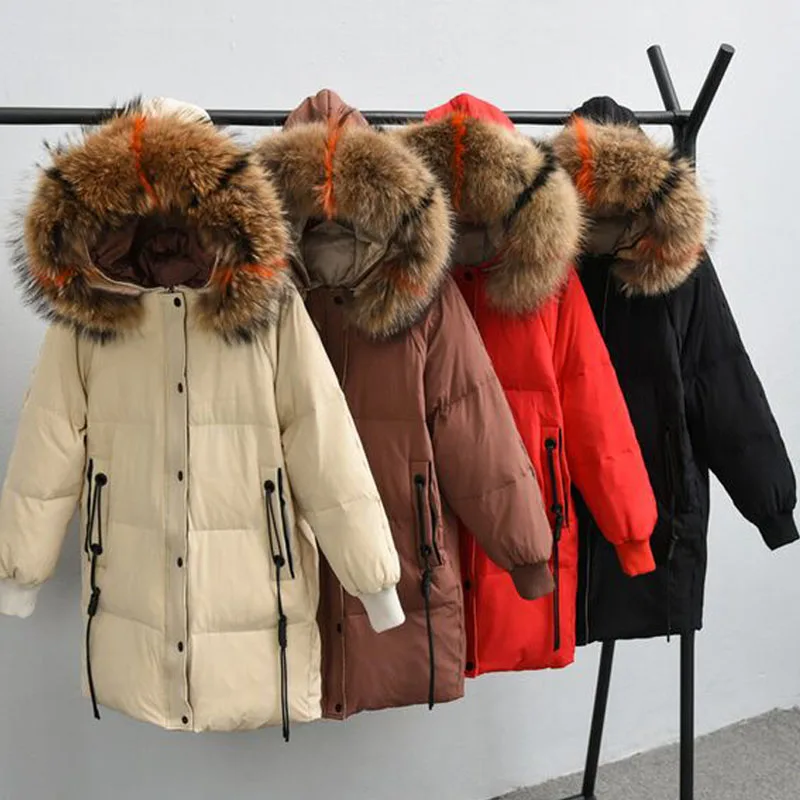

Large Real Raccoon Fur 2018 New Winter Jacket Women Long Down Jacket Female White Duck Down Parkas Thick Warm Plus Size 5XL Coat